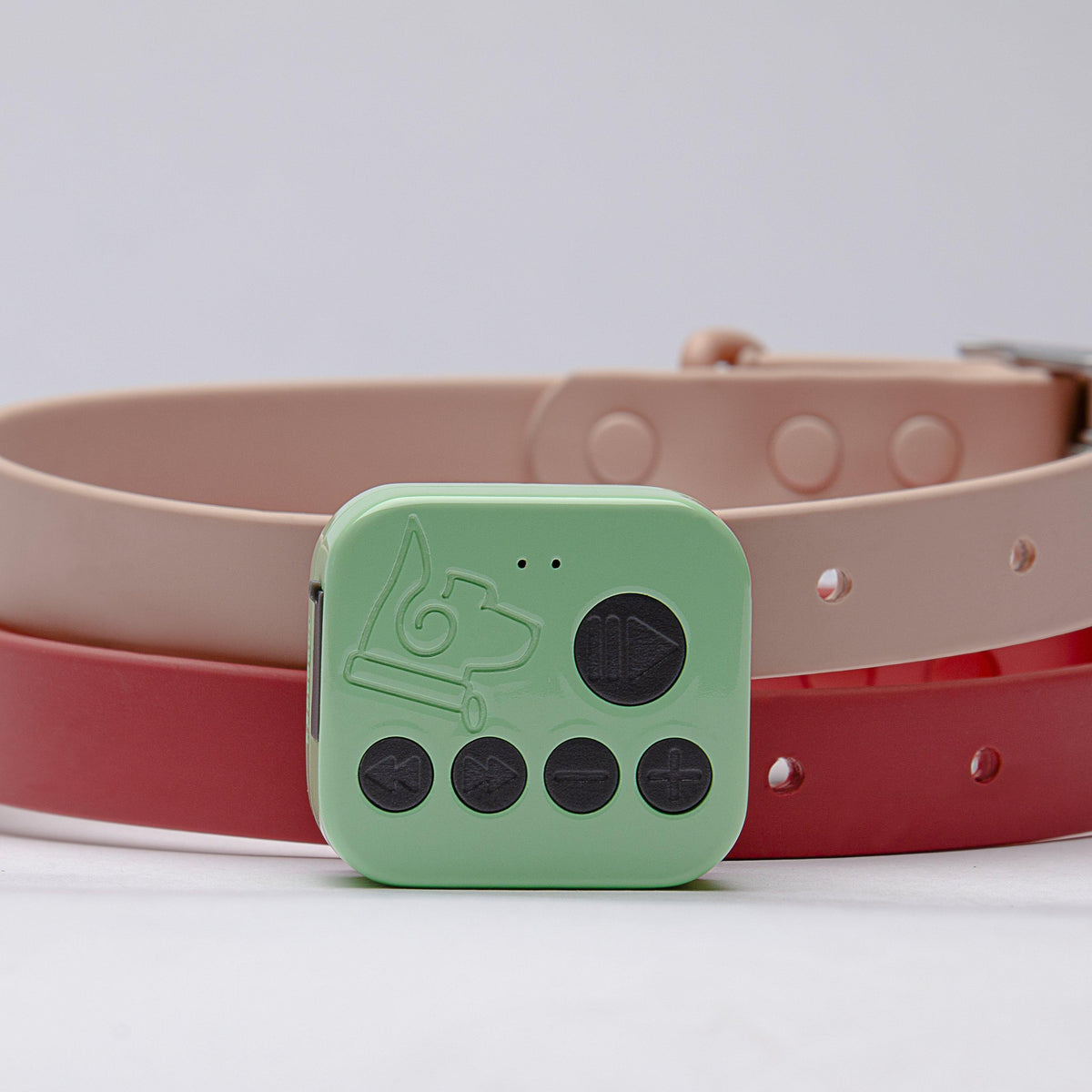 Front of the Barkwoo Music Box showing play, skip and volume buttons, with two dog collars behind