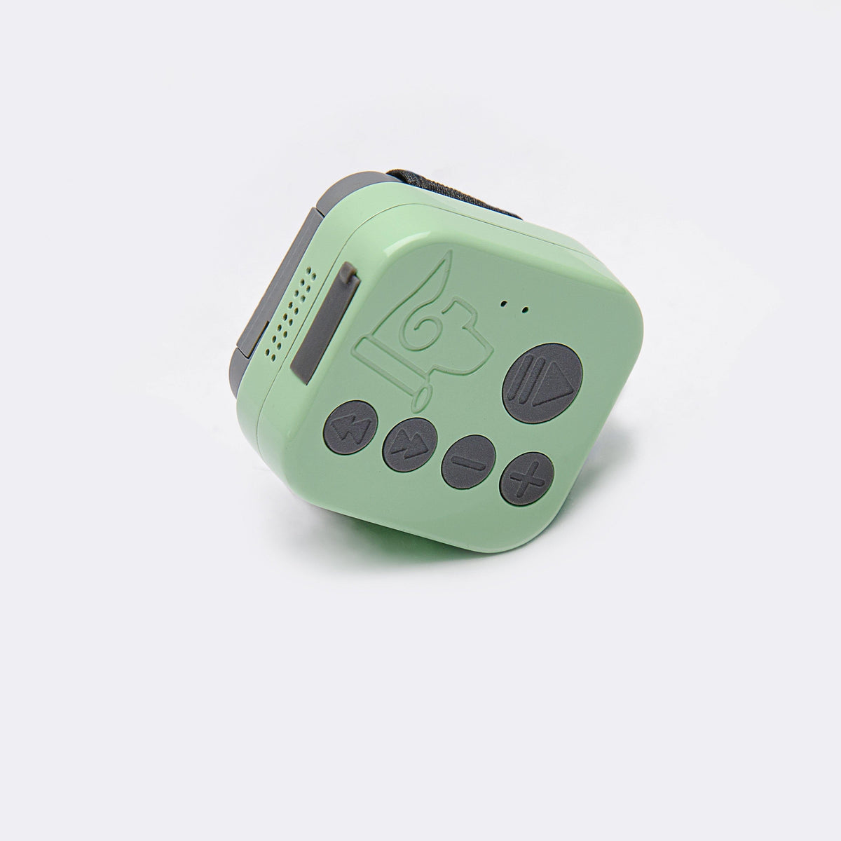 Barkwoo Music Box at an angle, showing the grey flap on its side that covers the USB-C charging port