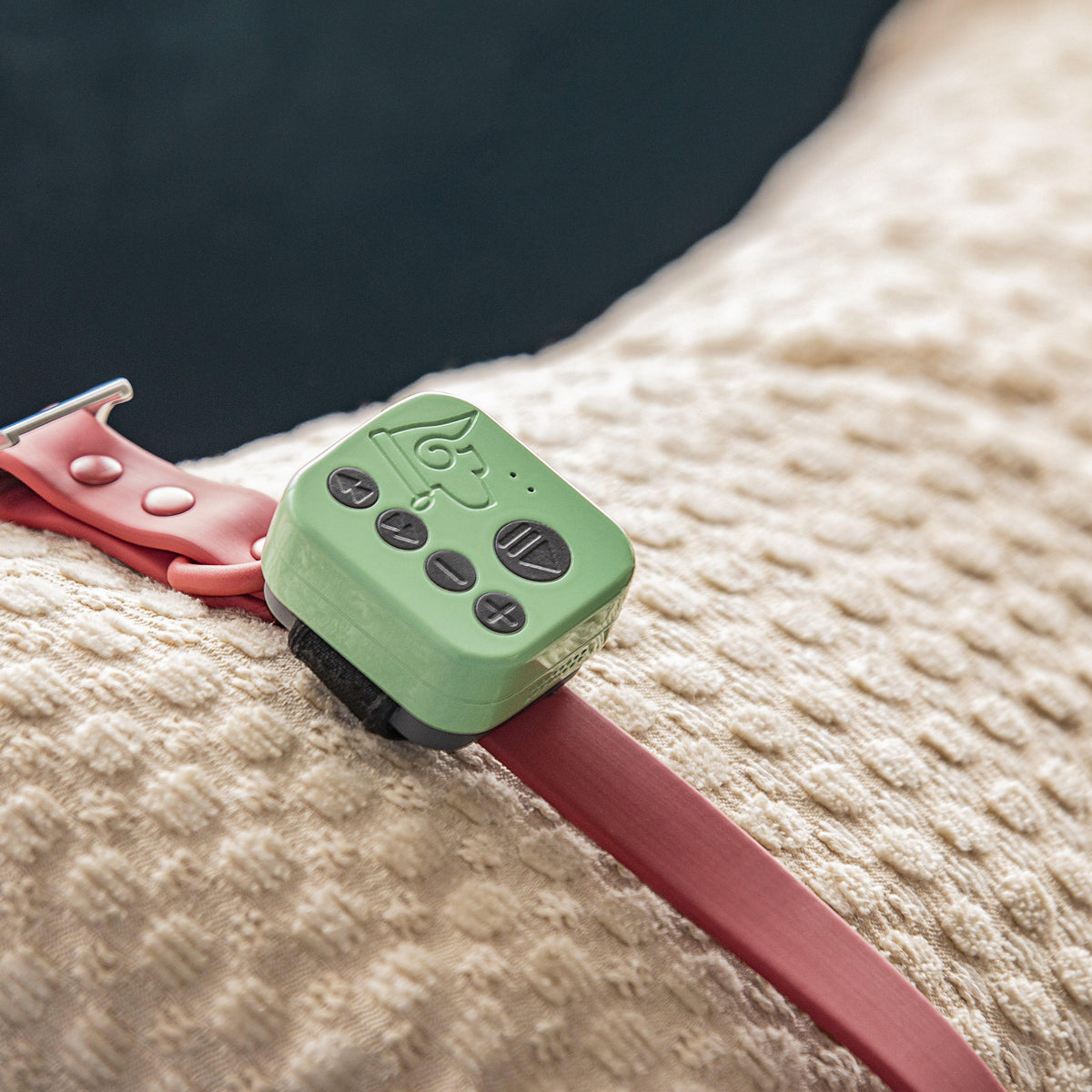 Barkwoo Music Box clipped to a coral dog collar, resting on a knit blanket